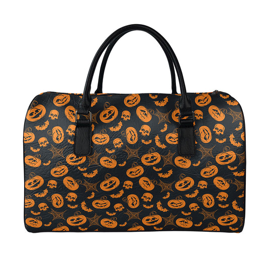 Halloween Pumpkin And Bat Pattern Print Leather Duffle Bag
