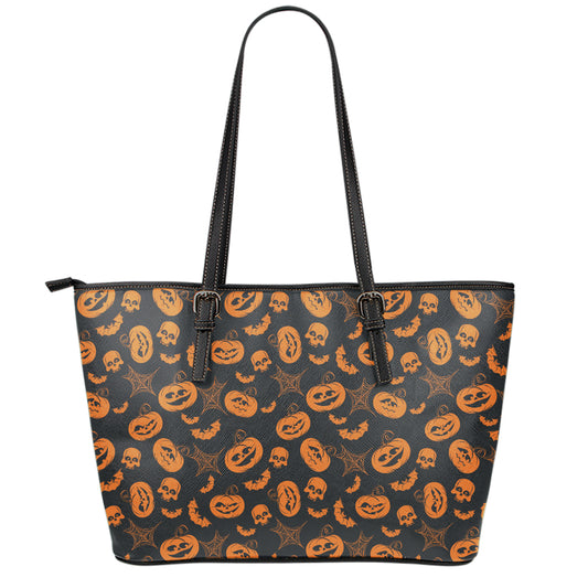 Halloween Pumpkin And Bat Pattern Print Leather Tote Bag