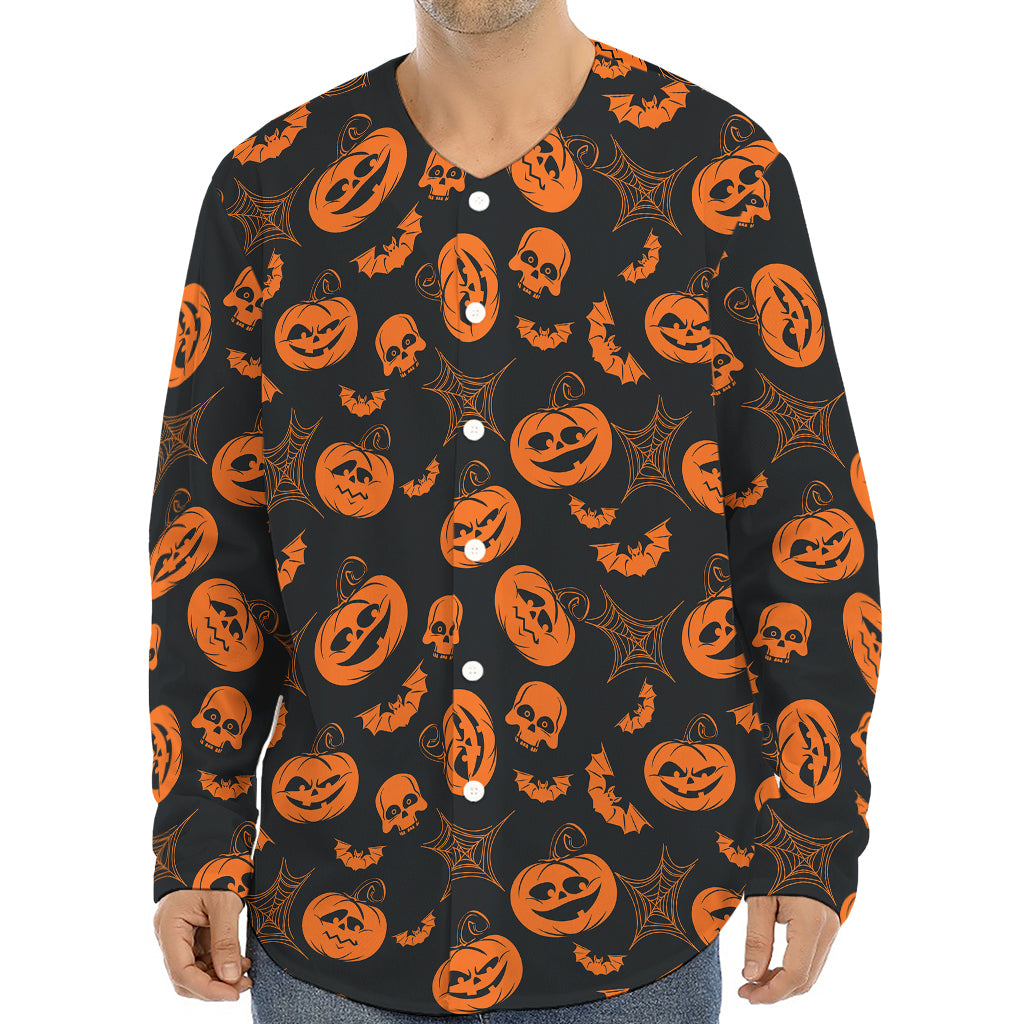 Halloween Pumpkin And Bat Pattern Print Long Sleeve Baseball Jersey