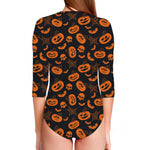 Halloween Pumpkin And Bat Pattern Print Long Sleeve Swimsuit