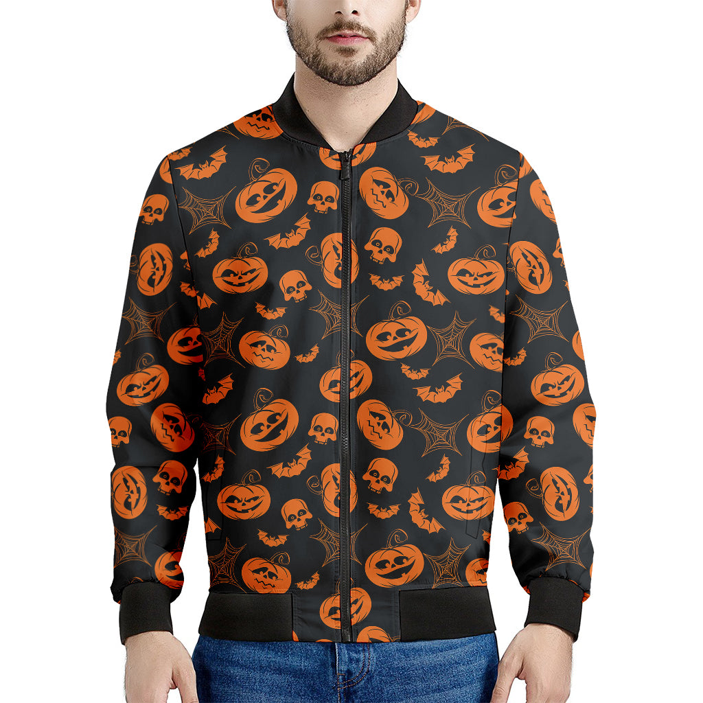 Halloween Pumpkin And Bat Pattern Print Men's Bomber Jacket