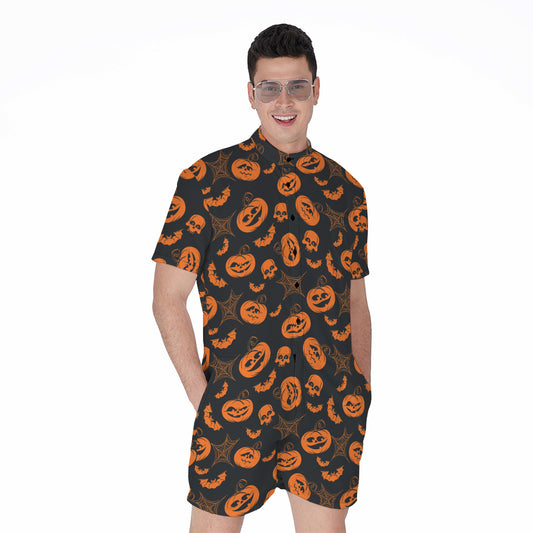 Halloween Pumpkin And Bat Pattern Print Men's Rompers