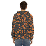 Halloween Pumpkin And Bat Pattern Print Men's Velvet Pullover Hoodie