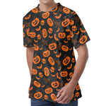 Halloween Pumpkin And Bat Pattern Print Men's Velvet T-Shirt