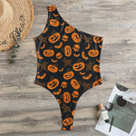 Halloween Pumpkin And Bat Pattern Print One Shoulder Bodysuit