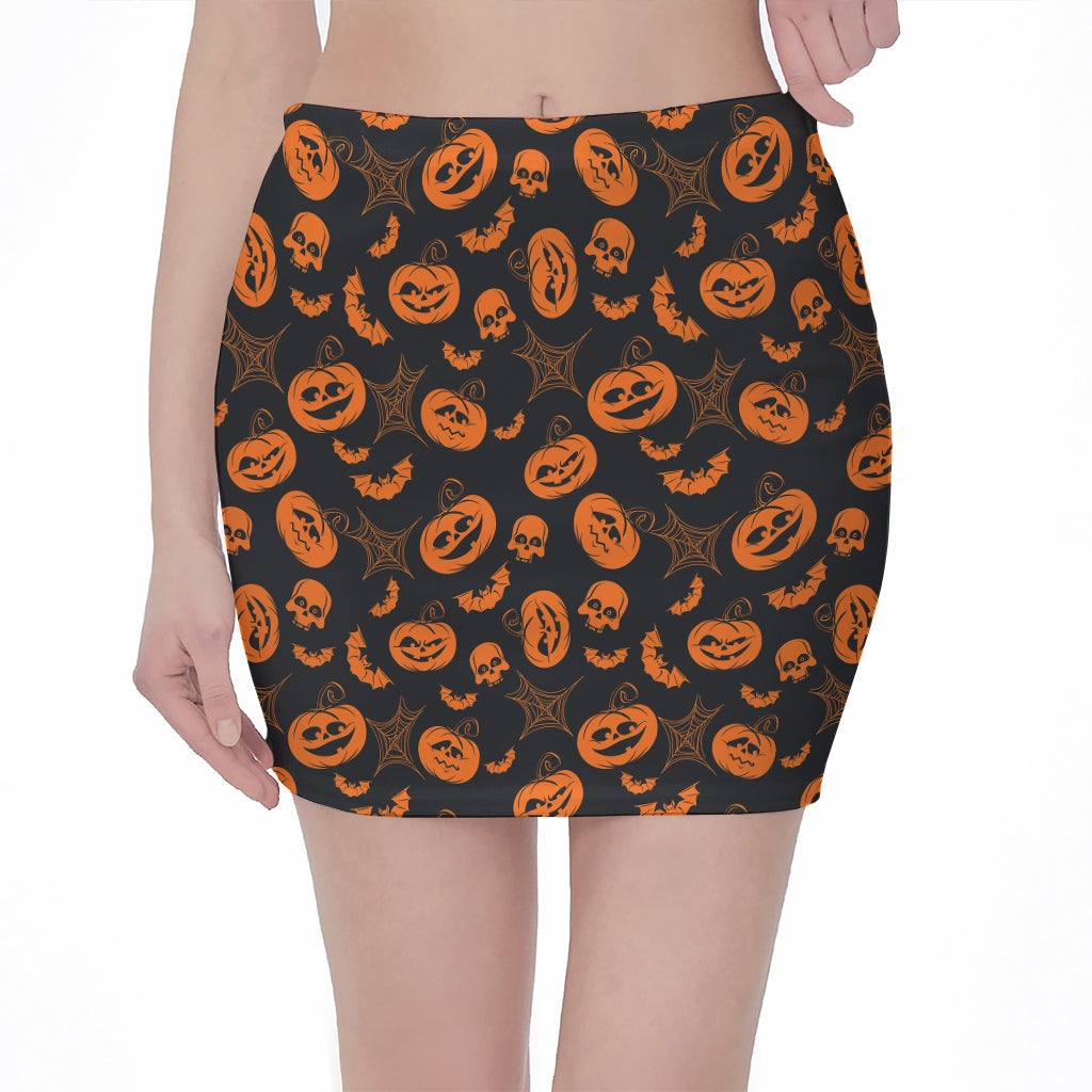 Halloween Pumpkin And Bat Pattern Print Pencil Mini Skirt