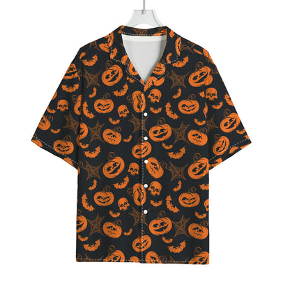 Halloween Pumpkin And Bat Pattern Print Rayon Hawaiian Shirt