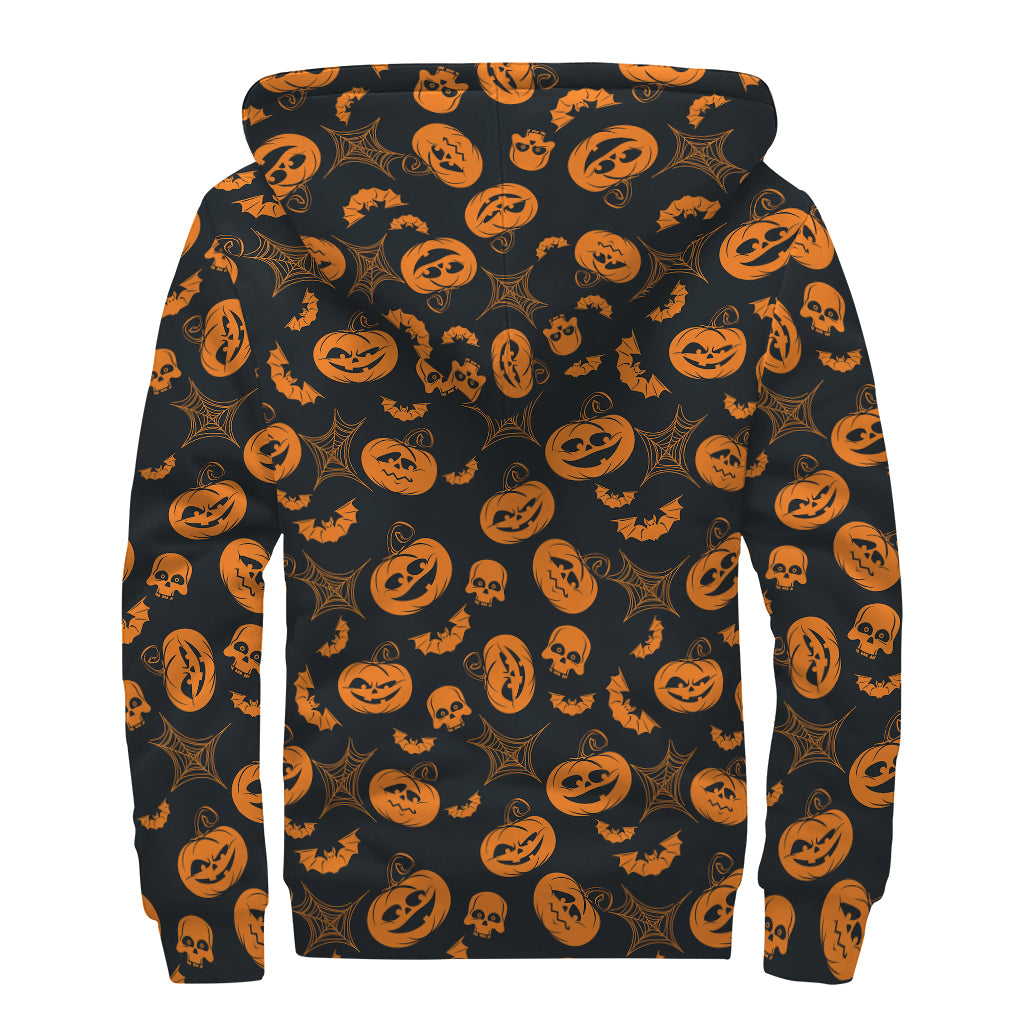 Halloween Pumpkin And Bat Pattern Print Sherpa Lined Zip Up Hoodie