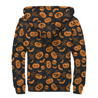 Halloween Pumpkin And Bat Pattern Print Sherpa Lined Zip Up Hoodie