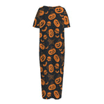 Halloween Pumpkin And Bat Pattern Print Short Sleeve Long Nightdress