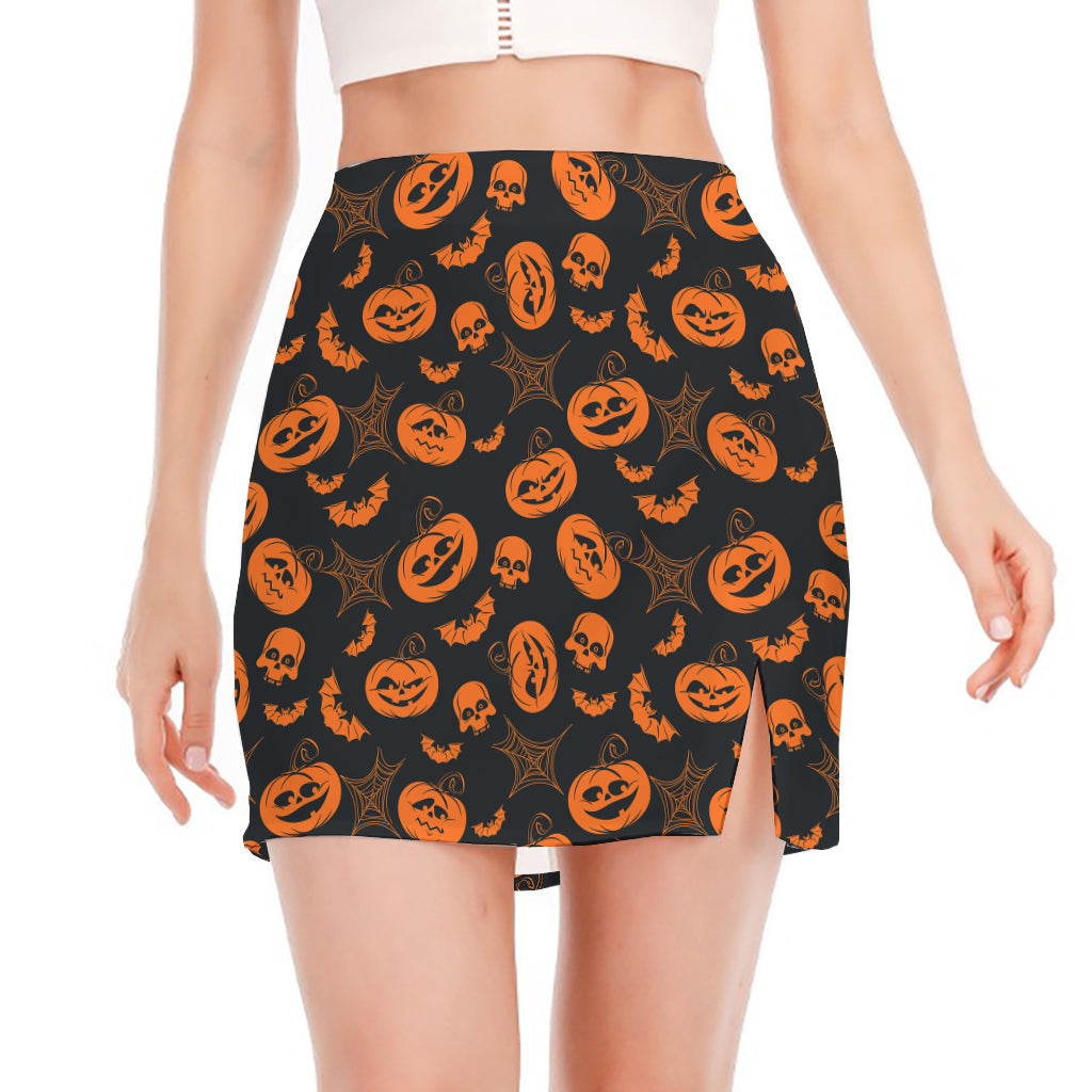 Halloween Pumpkin And Bat Pattern Print Side Slit Mini Skirt