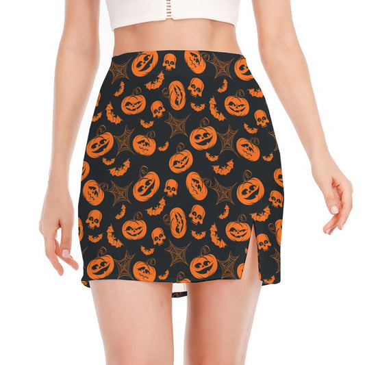 Halloween Pumpkin And Bat Pattern Print Side Slit Mini Skirt