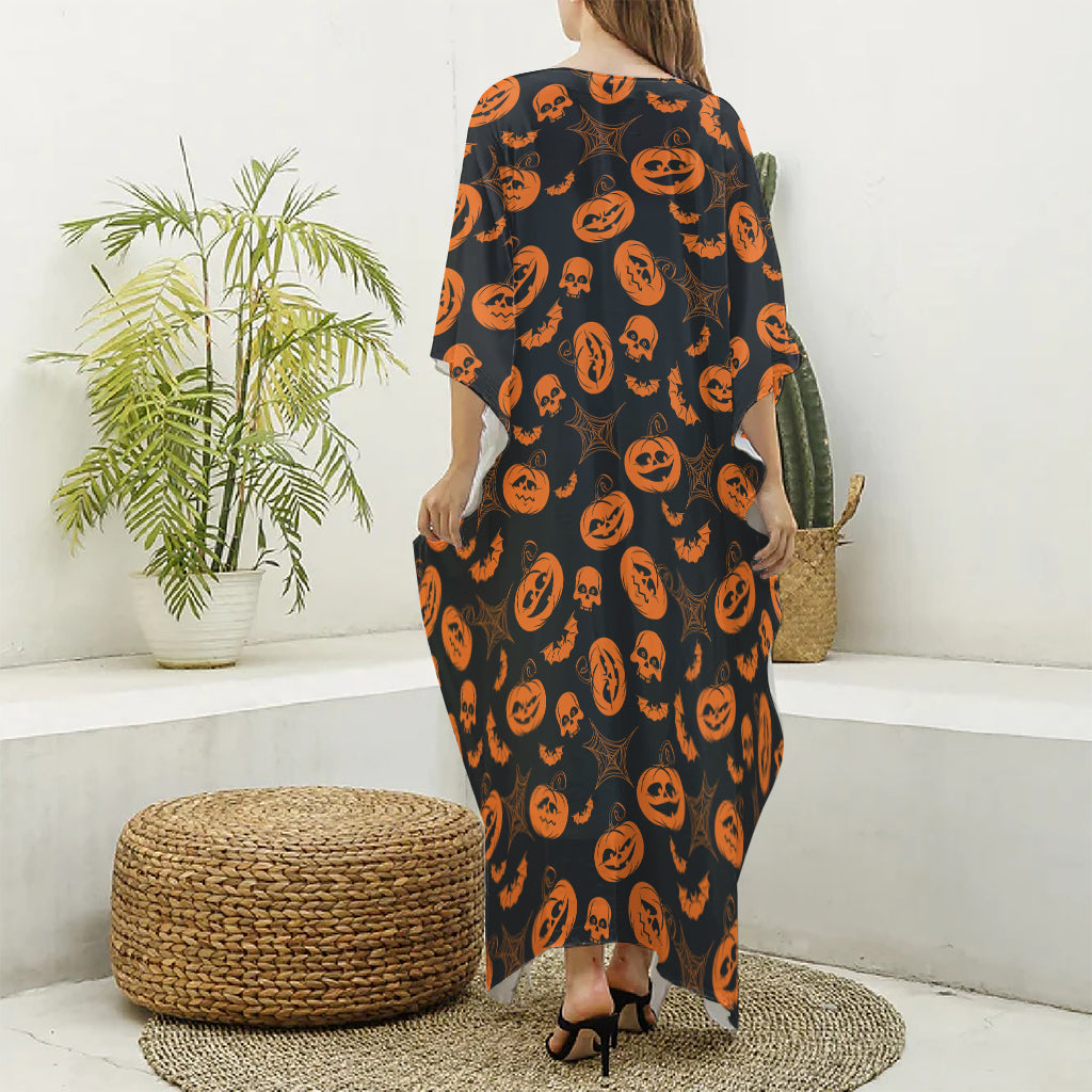Halloween Pumpkin And Bat Pattern Print Silk V-Neck Kaftan Dress