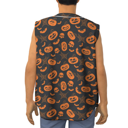 Halloween Pumpkin And Bat Pattern Print Sleeveless Baseball Jersey