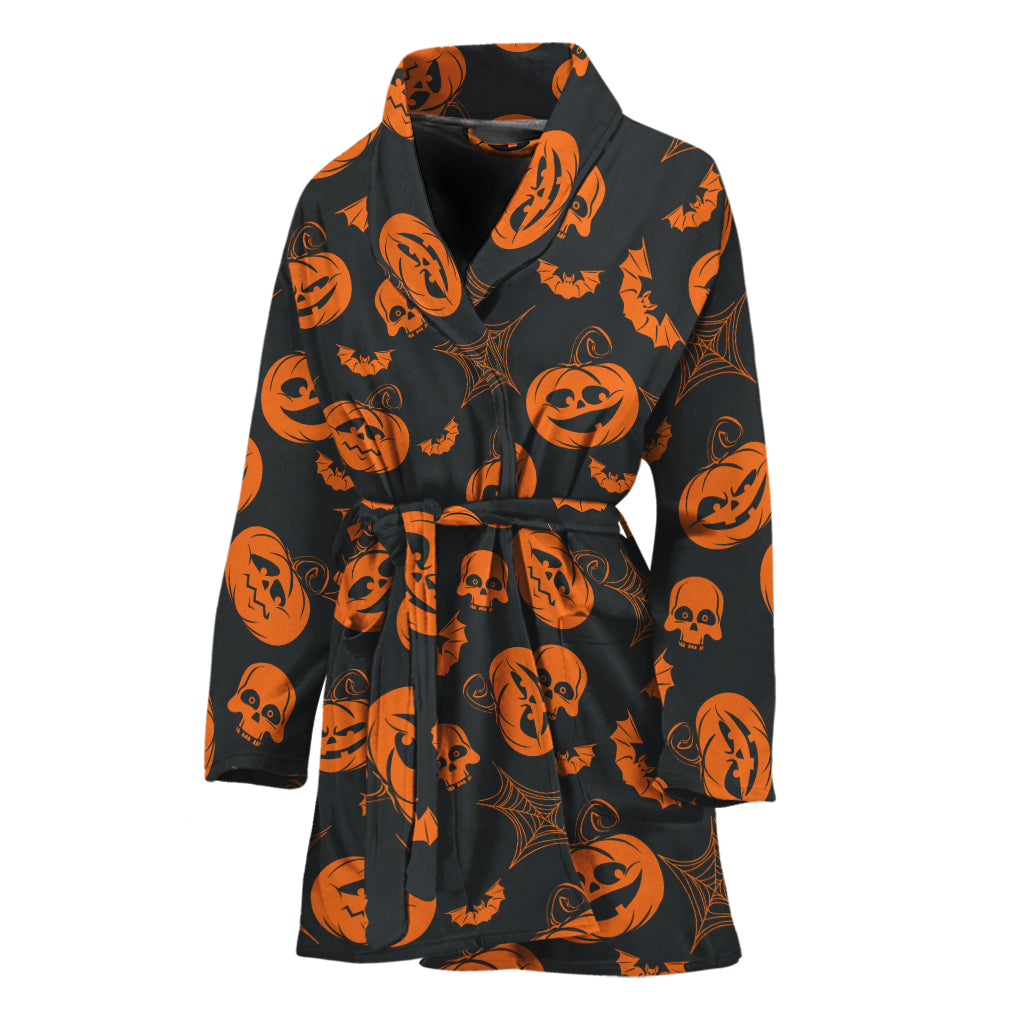 Halloween Pumpkin And Bat Pattern Print Women's Bathrobe