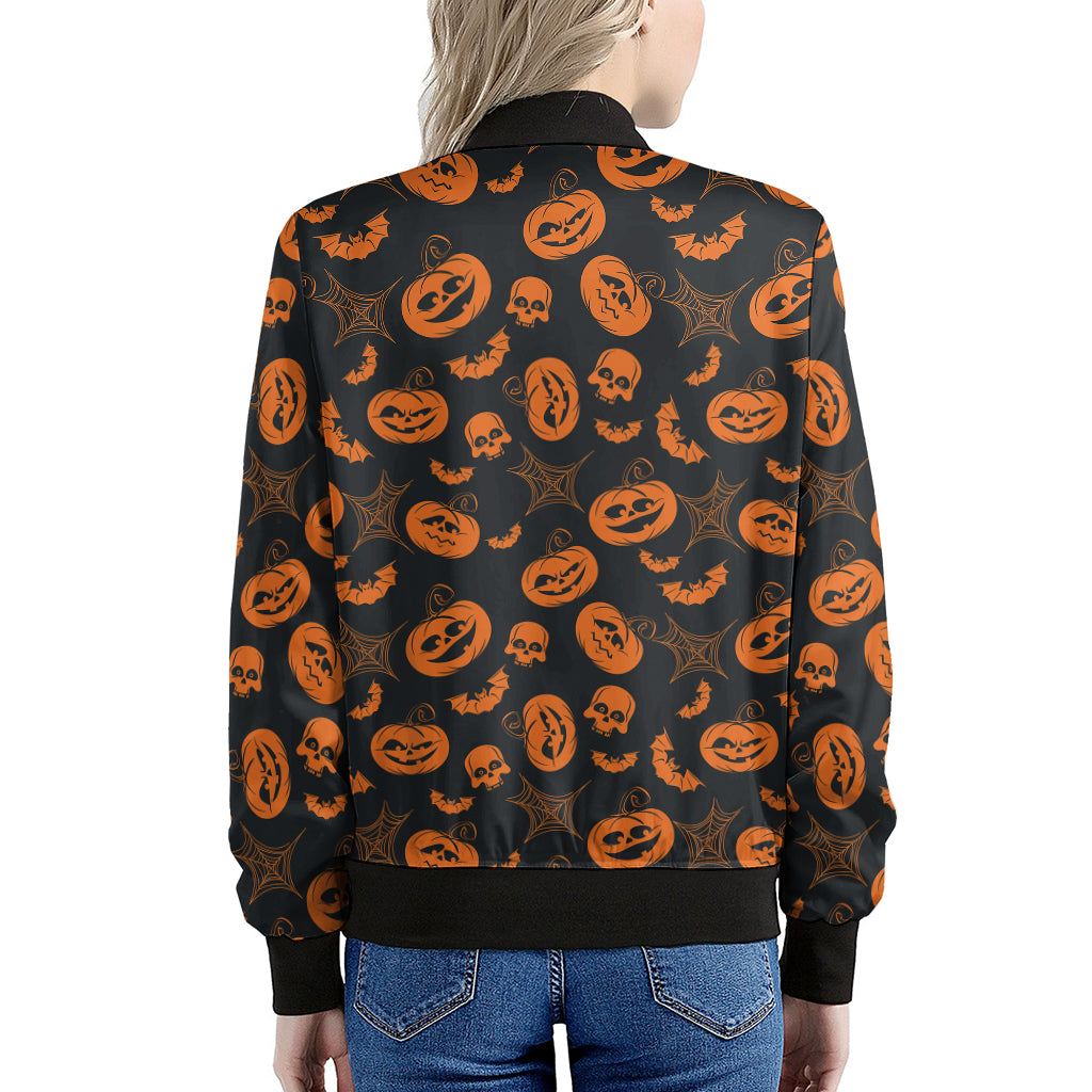 Halloween Pumpkin And Bat Pattern Print Women's Bomber Jacket