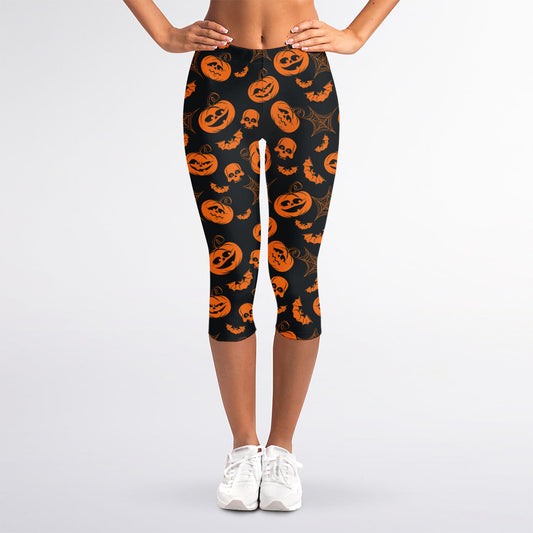 Halloween Pumpkin And Bat Pattern Print Women's Capri Leggings