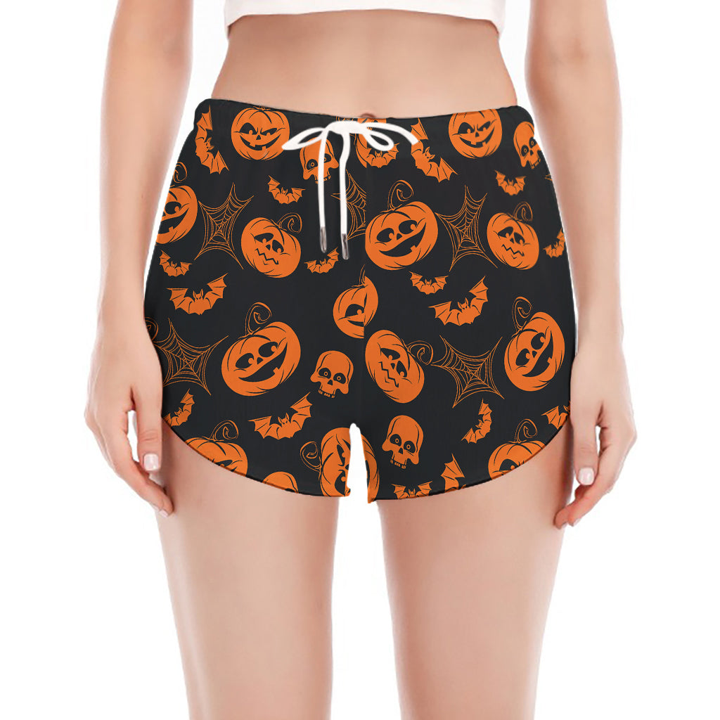 Halloween Pumpkin And Bat Pattern Print Women's Split Running Shorts