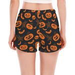 Halloween Pumpkin And Bat Pattern Print Women's Split Running Shorts