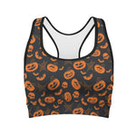 Halloween Pumpkin And Bat Pattern Print Women's Sports Bra