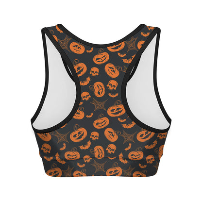 Halloween Pumpkin And Bat Pattern Print Women's Sports Bra