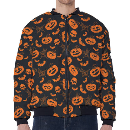 Halloween Pumpkin And Bat Pattern Print Zip Sleeve Bomber Jacket