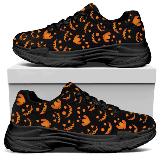 Halloween Pumpkin Faces Pattern Print Black Chunky Shoes