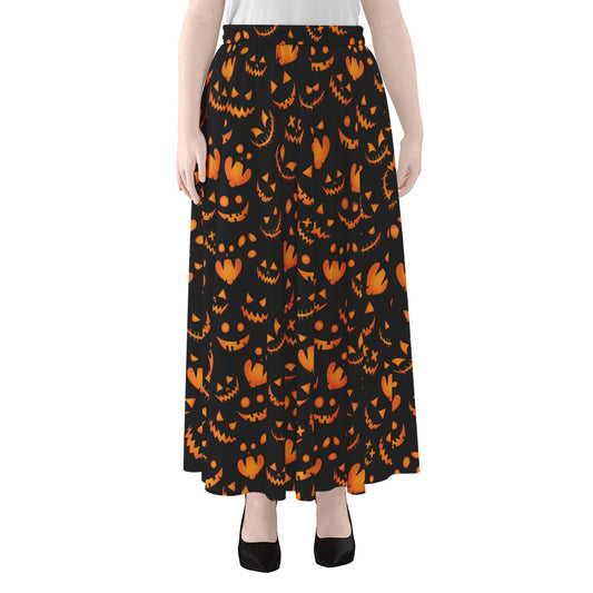 Halloween Pumpkin Faces Pattern Print Chiffon Maxi Skirt