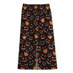Halloween Pumpkin Faces Pattern Print Cotton Front Slit Maxi Skirt