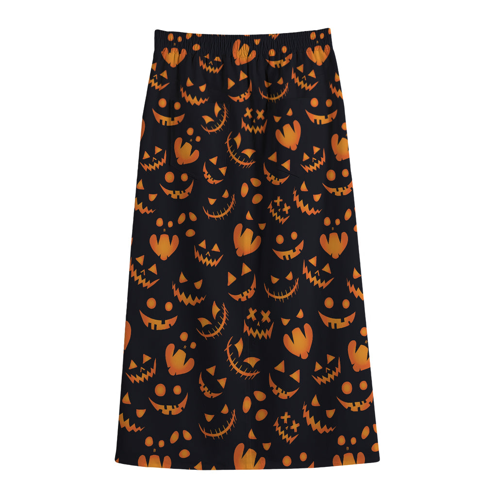 Halloween Pumpkin Faces Pattern Print Cotton Front Slit Maxi Skirt
