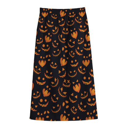 Halloween Pumpkin Faces Pattern Print Cotton Front Slit Maxi Skirt