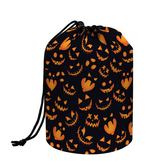 Halloween Pumpkin Faces Pattern Print Drawstring Makeup Bag