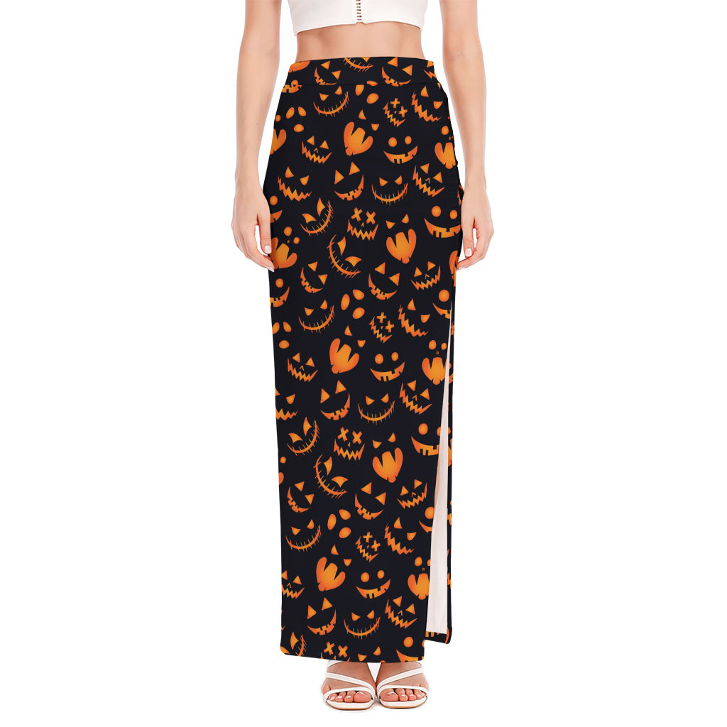 Halloween Pumpkin Faces Pattern Print High Slit Maxi Skirt