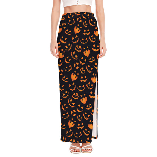 Halloween Pumpkin Faces Pattern Print High Slit Maxi Skirt
