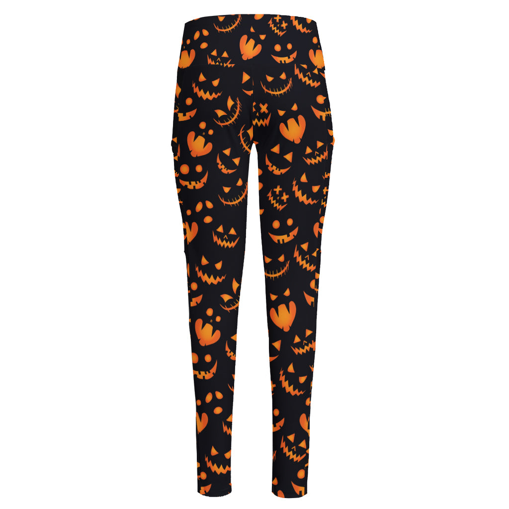 Halloween Pumpkin Faces Pattern Print High-Waisted Pocket Leggings