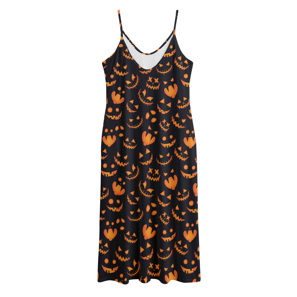 Halloween Pumpkin Faces Pattern Print Jersey Midi Cami Dress