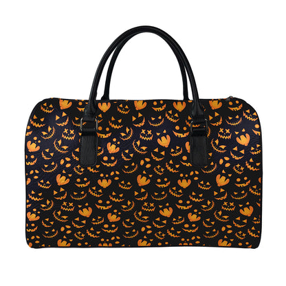 Halloween Pumpkin Faces Pattern Print Leather Duffle Bag