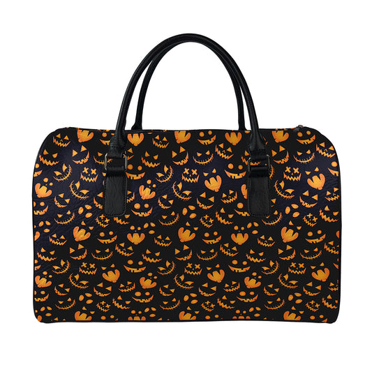 Halloween Pumpkin Faces Pattern Print Leather Duffle Bag