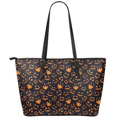 Halloween Pumpkin Faces Pattern Print Leather Tote Bag