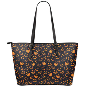 Halloween Pumpkin Faces Pattern Print Leather Tote Bag