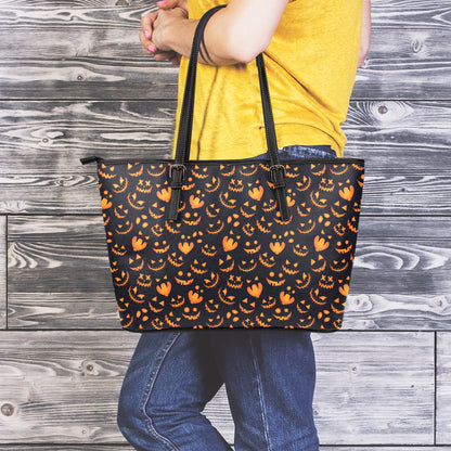 Halloween Pumpkin Faces Pattern Print Leather Tote Bag