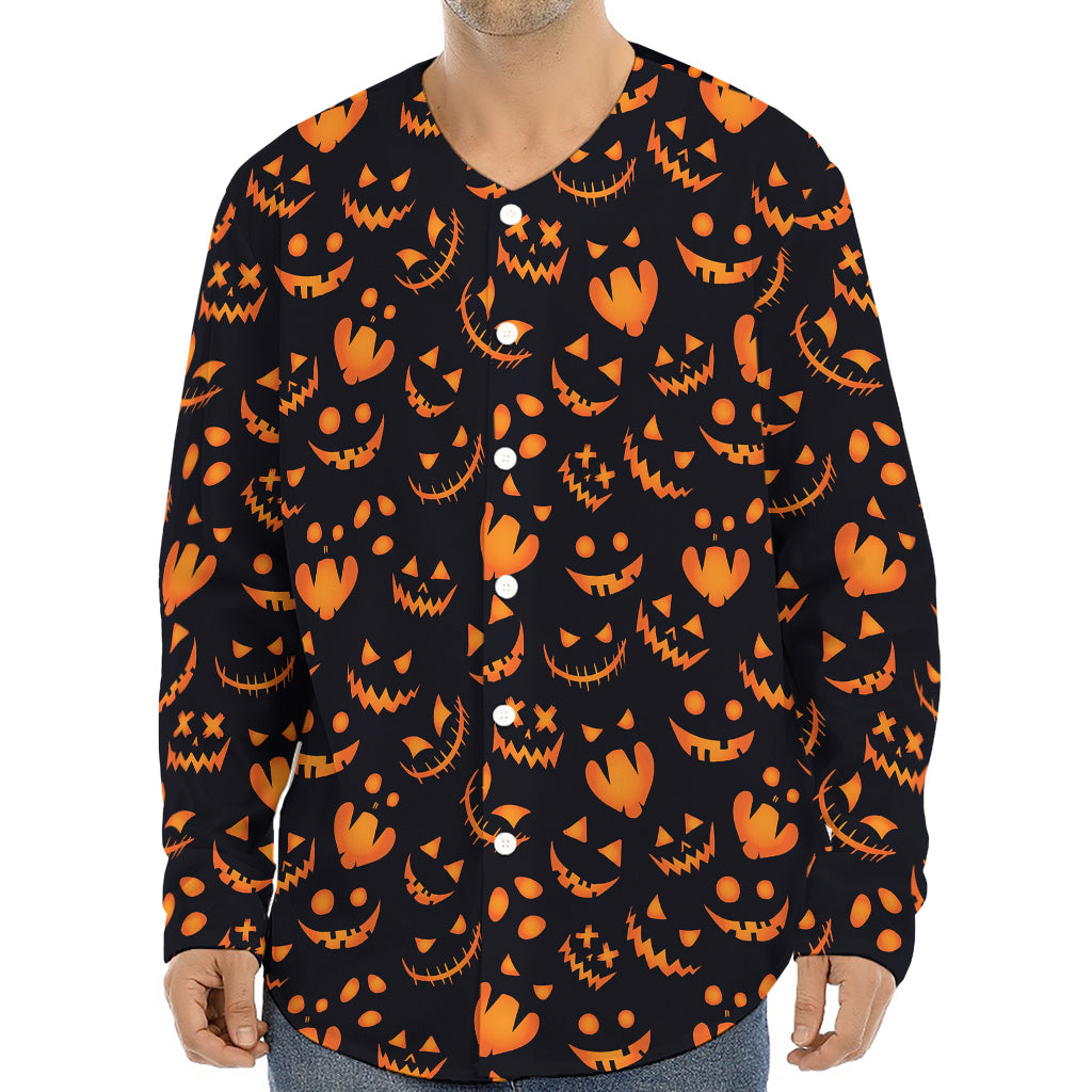 Halloween Pumpkin Faces Pattern Print Long Sleeve Baseball Jersey