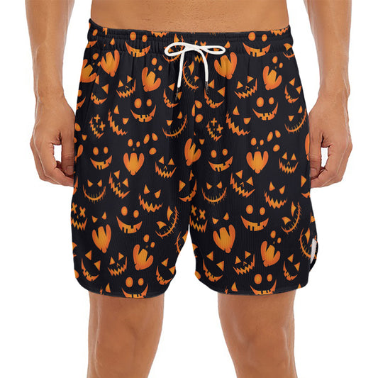 Halloween Pumpkin Faces Pattern Print Men's Split Running Shorts
