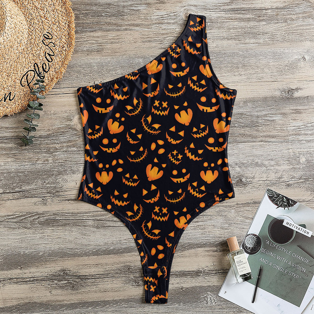 Halloween Pumpkin Faces Pattern Print One Shoulder Bodysuit