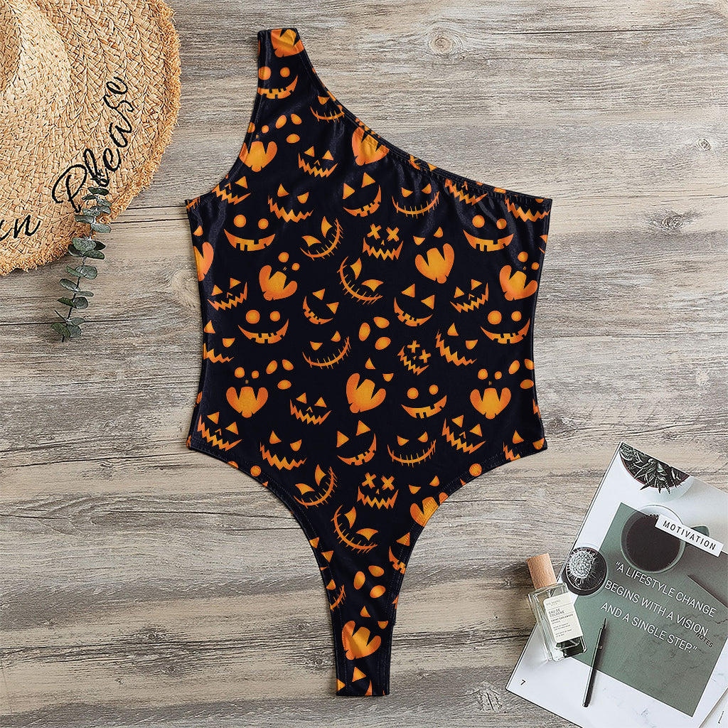 Halloween Pumpkin Faces Pattern Print One Shoulder Bodysuit