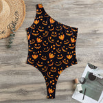 Halloween Pumpkin Faces Pattern Print One Shoulder Bodysuit