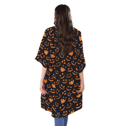 Halloween Pumpkin Faces Pattern Print Open Front Beach Cover Up