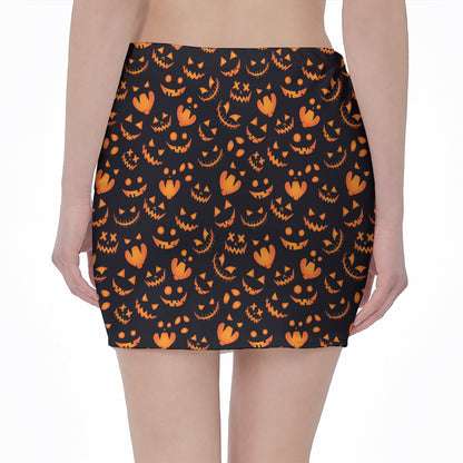 Halloween Pumpkin Faces Pattern Print Pencil Mini Skirt