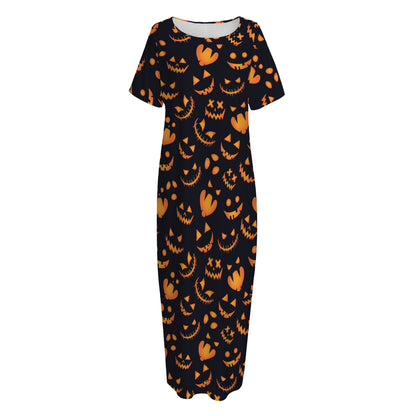 Halloween Pumpkin Faces Pattern Print Short Sleeve Long Nightdress
