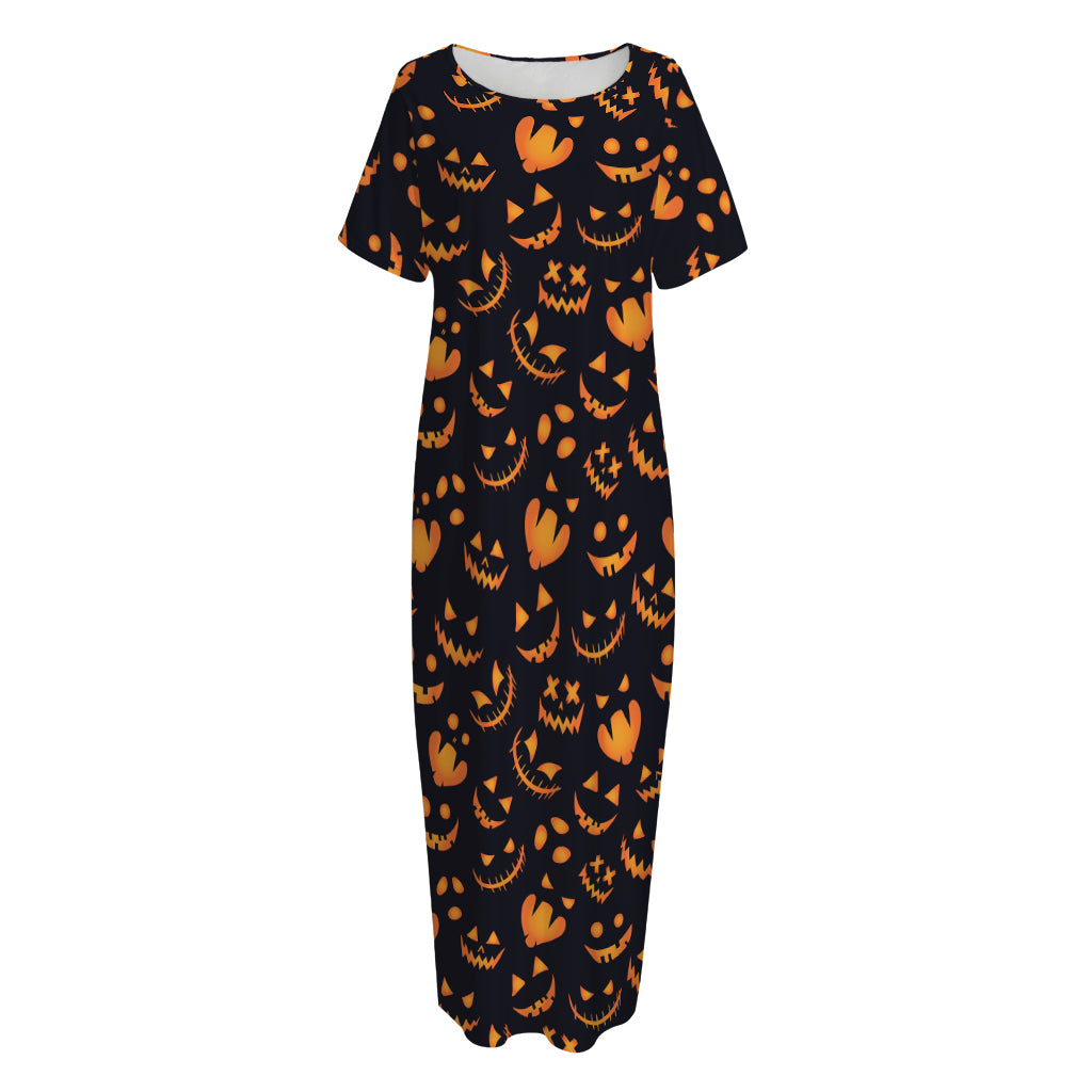 Halloween Pumpkin Faces Pattern Print Short Sleeve Long Nightdress